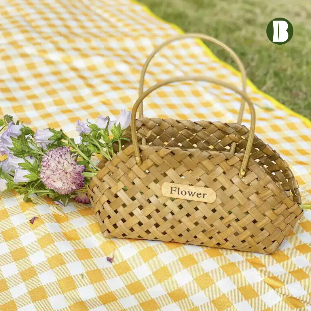 Bamboo Rattan Handbags / Woven Portable Basket for Outdoor Picnic